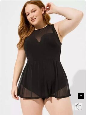 TORRID One Piece Swimsuit 1X Underwire Long Mesh Overlay Swim Dress With Brief